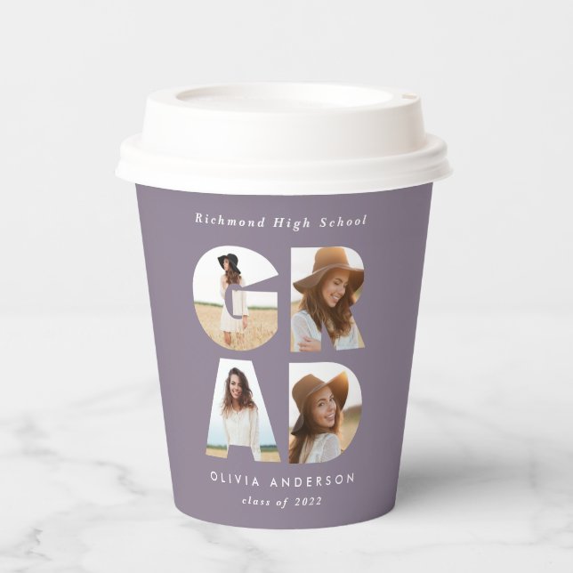 Graduation 4 photo modern personalised purple chic paper cups (Front)