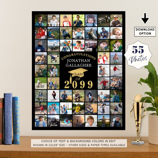 Graduation 55 Photo Collage Black Gold Cap Poster (Creator Uploaded)