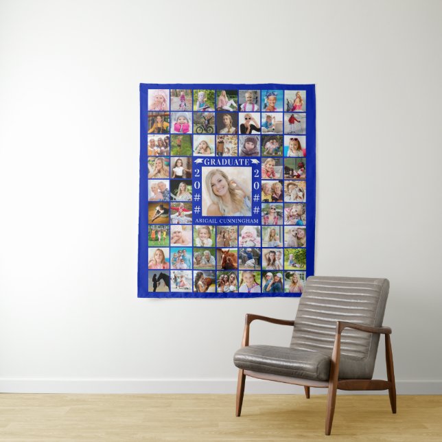 Graduation 55 Photo Royal Blue Collage Backdrop Tapestry (In Situ)