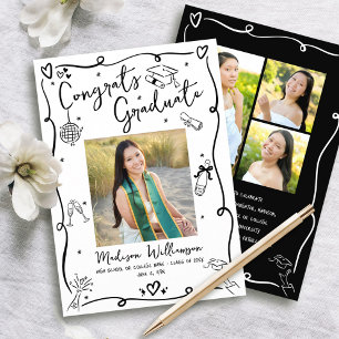 Graduation 5 Photo Hand Drawn Doodles White Black Announcement
