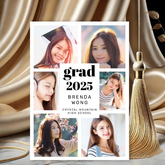Graduation 6 Photo Collage Black Script White (Modern White Black Six Photo Graduation Announcement Magnet)