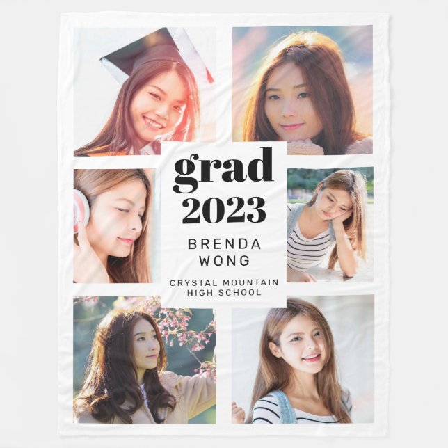 Graduation 6 Photo Collage Black Script White 2021 Fleece Blanket (Front)