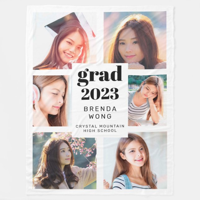 Graduation 6 Photo Collage Black Script White 2025 Fleece Blanket (Front)