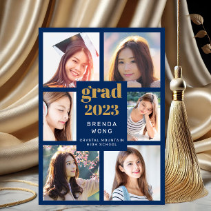 Graduation 6 Photo Collage Gold Script Royal Blue Announcement