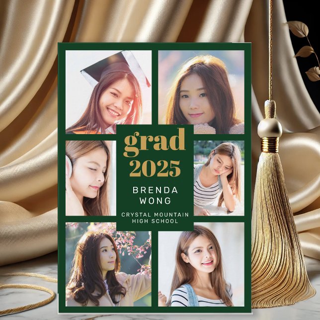 Graduation 6 Photo Collage Green Gold White Script (Modern Green Gold Six Photo Graduation Announcement)