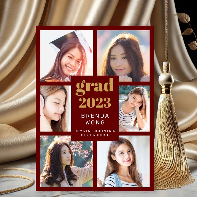 Graduation 6 Photo Collage Red Gold White Script (Modern Maroon Gold Six Photo Graduation Announcement Magnet)
