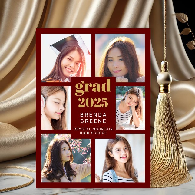 Graduation 6 Photo Collage Red Gold White Script (Modern Maroon Gold Six Photo Graduation Announcement)