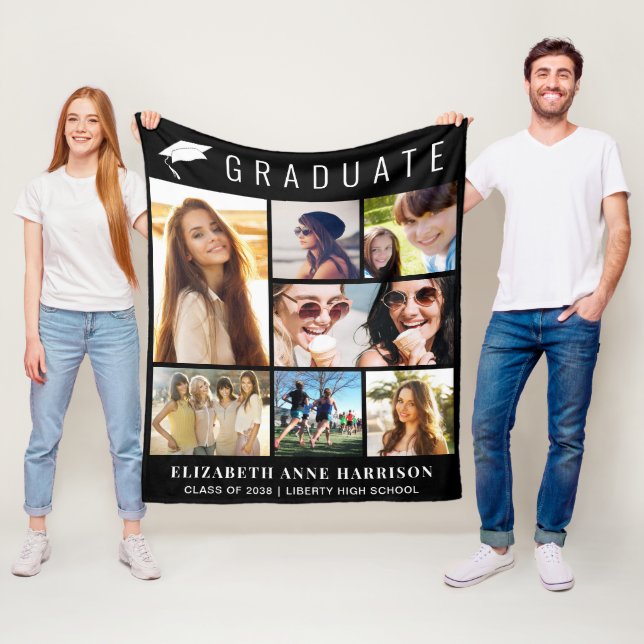 Graduation 7 Photo Collage Black Fleece Blanket (In Situ)