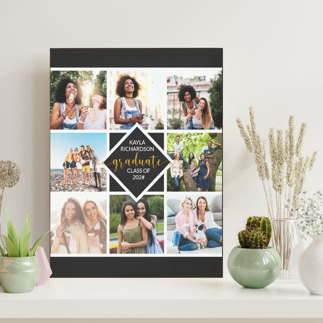 Graduation 8 Photo Collage Black and Gold Custom Canvas Print (Creator Uploaded)