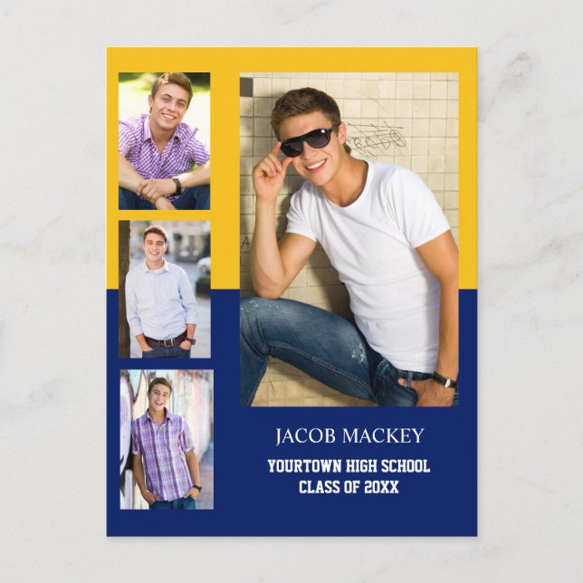 Graduation Announcement 4 Photo Collage Blue Gold (Front)
