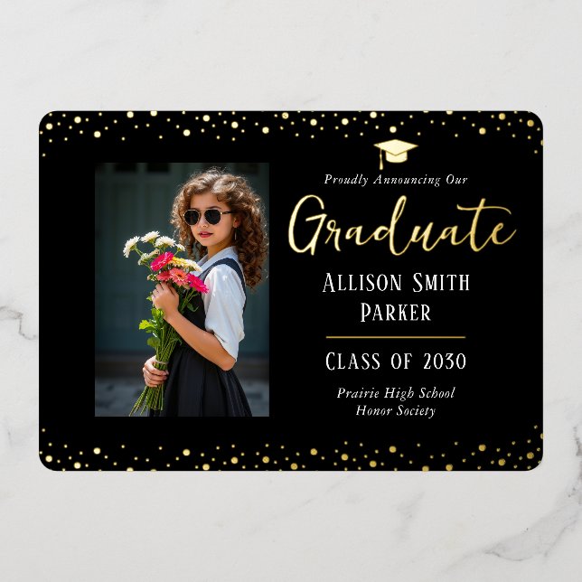 Graduation Announcement Black and Gold Photo (Front)