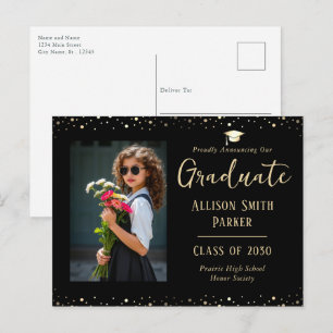 Graduation Announcement Black and Gold Photo Postcard