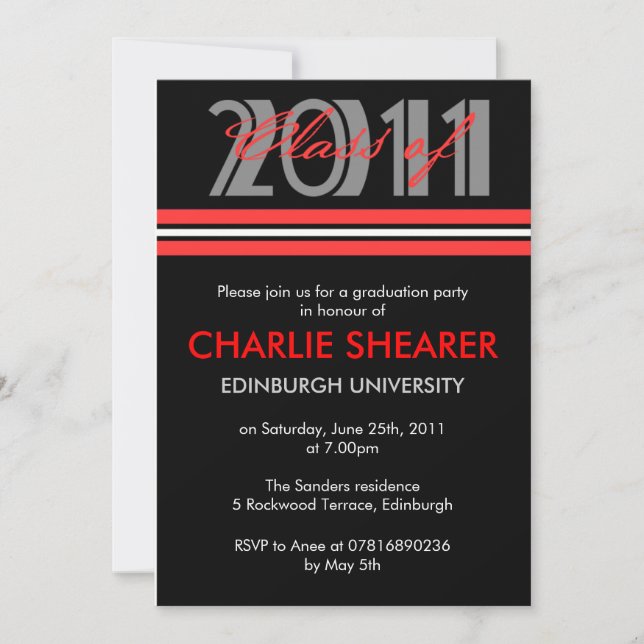 Graduation Announcement Black & Red Stripes (Front)