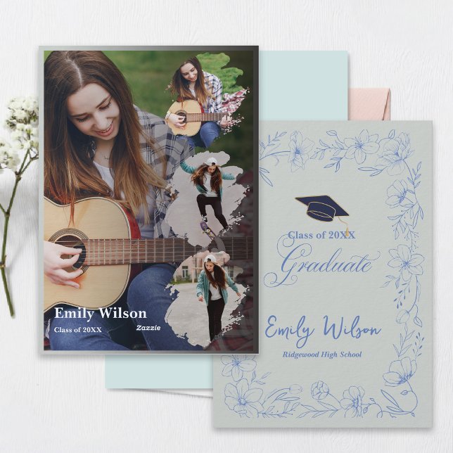 Graduation Announcement | Blue Floral Photo Design (Class of 2026 Photo Graduation Announcement | Blue Floral Design | Print or Digital )