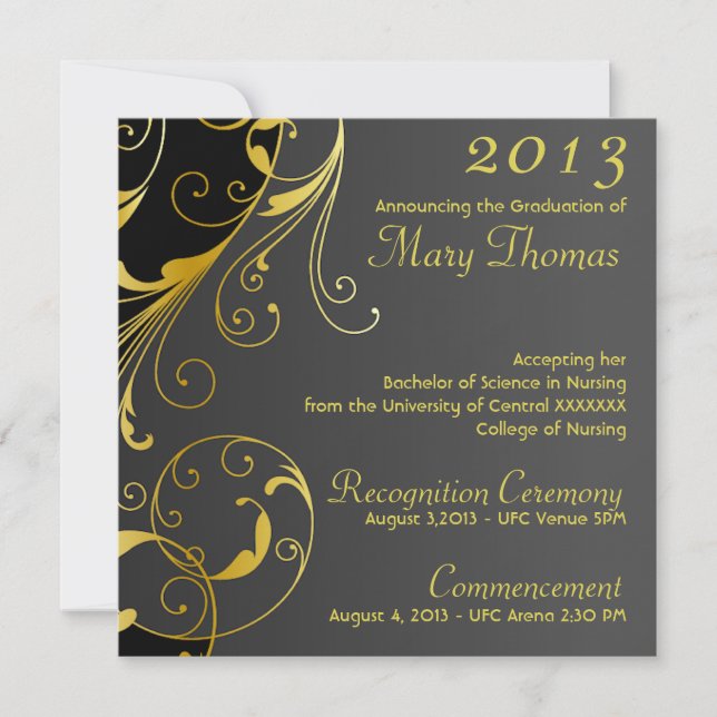 Graduation Announcement in Gold and Black (Front)
