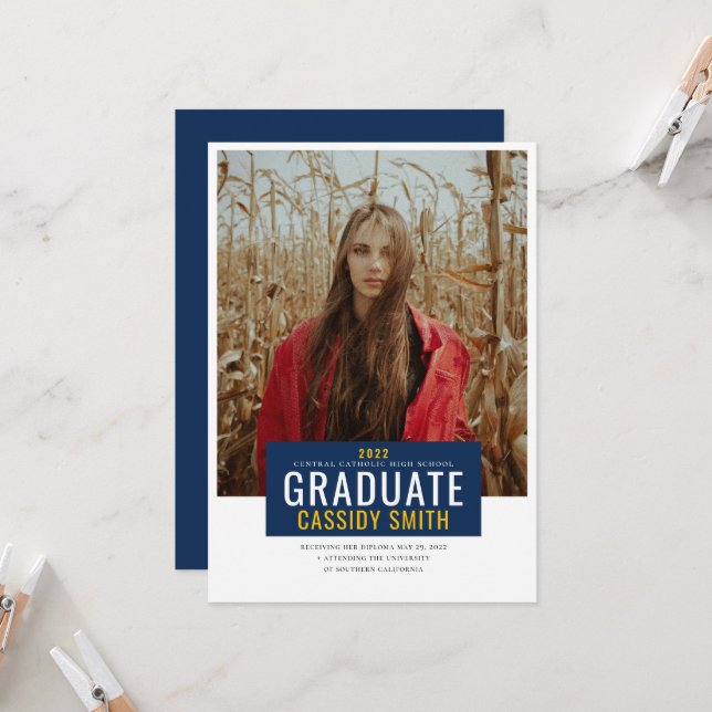 Graduation Announcement, Navy Blue and Gold Invitation (Front/Back In Situ)