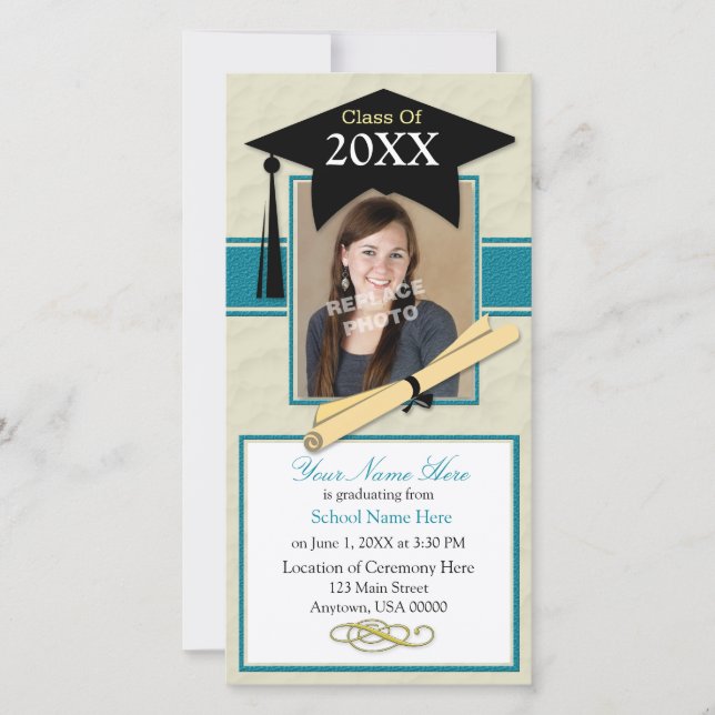 Graduation Announcement Photo Card - Teal & Black (Front)