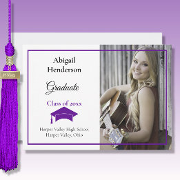 Graduation Announcement Purple Cap and Photo