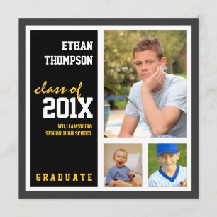 Graduation Announcement with 3 Photos Black Gold