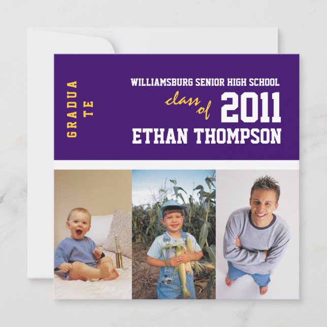 Graduation Announcement with 3 Photos in Purple (Front)
