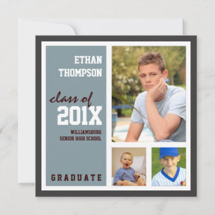 Graduation Announcement with 3 Photos Steel Blue