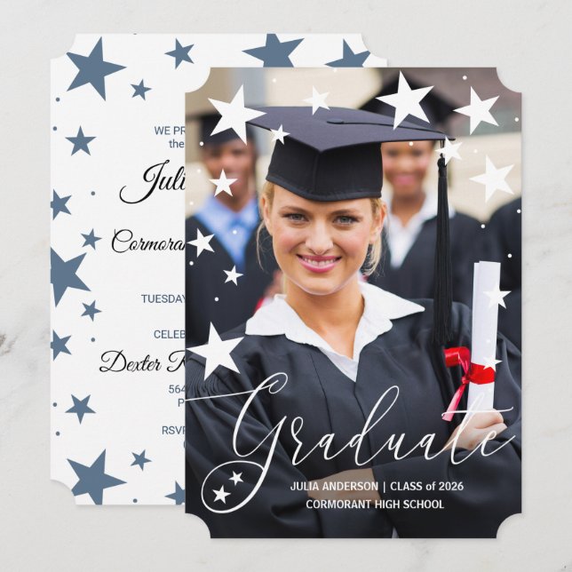 Graduation Announcement with Stars Graduate Photo (Front/Back)