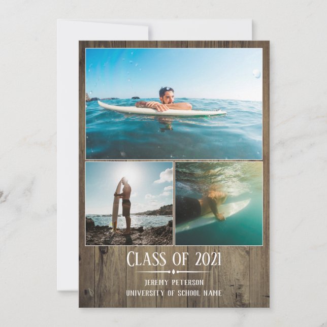 Graduation Announcement Wood Planks 3 Photo Card (Front)