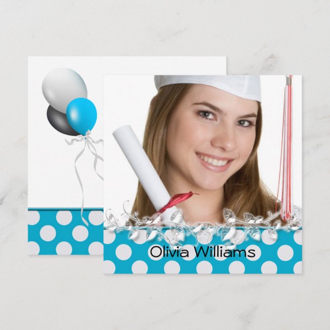 graduation aqua polka dot border invitation (Front/Back)