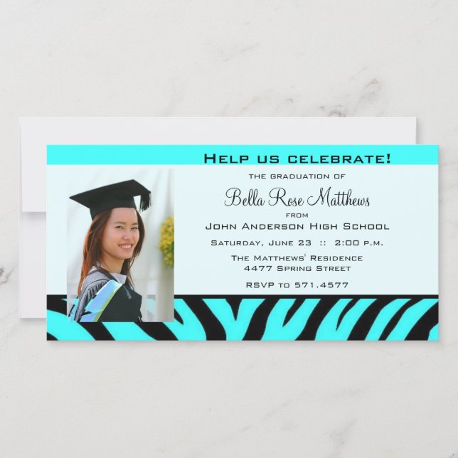 Graduation Aqua Zebra Photo Card (Front)