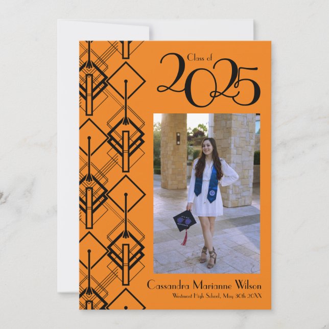 Graduation Art Deco Black Orange Announcement (Front)