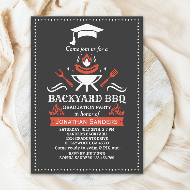 Graduation BBQ Backyard Black Invitation (Creator Uploaded)