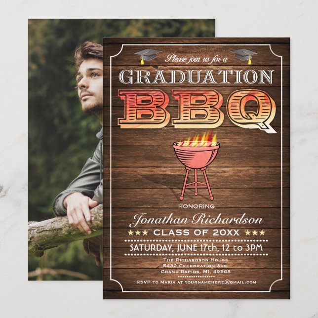 Graduation BBQ Invitations (Grill & Wood) (Front/Back)