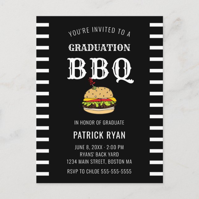 Graduation BBQ Party Black White Stripe Invitation Postcard (Front)