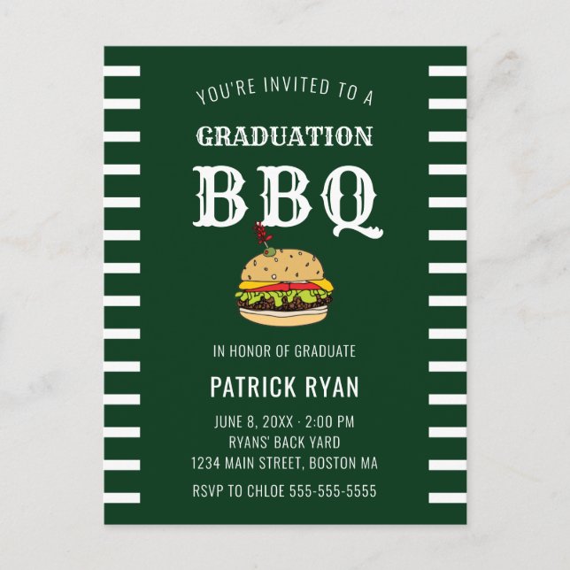 Graduation BBQ Party Green White Stripe Invitation Postcard (Front)