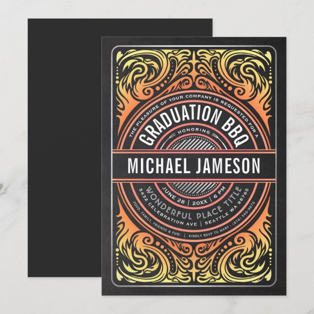 Graduation BBQ Party Invitations Grill & Fire (Front/Back)