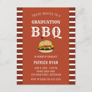 Graduation BBQ Party Orange White Stripe Invite Postcard