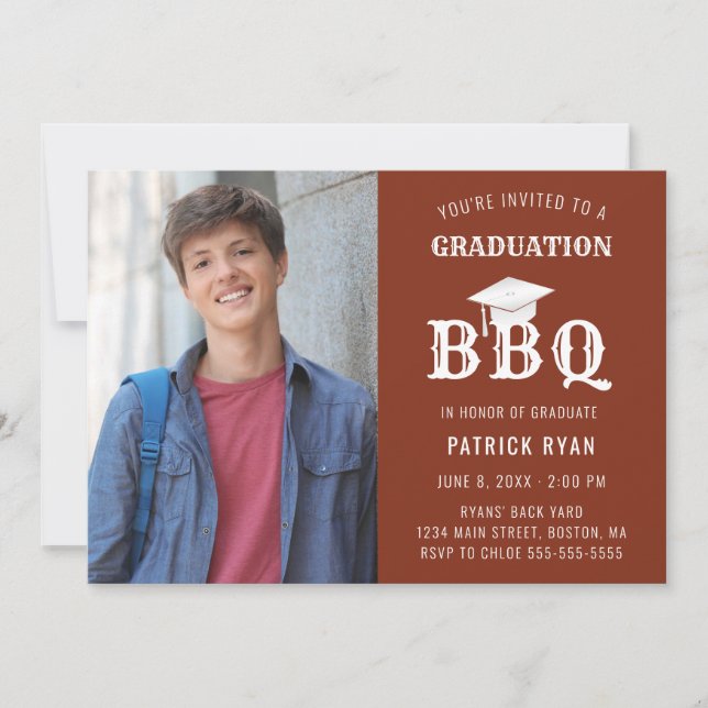 Graduation BBQ Party Photo Orange White Grad Cap Announcement (Front)