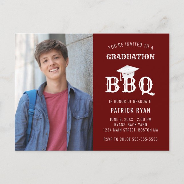 Graduation BBQ Party Red White Photo Invitation Postcard (Front)