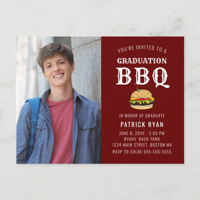 Graduation BBQ Party Red White Stripe Invitation Postcard (Front)