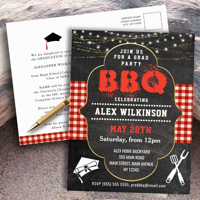 Graduation BBQ Party Rustic Chalkboard Invitation Postcard (Creator Uploaded)