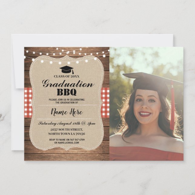 Graduation BBQ Photo Burlap Red Rustic Wood Invitation (Front)