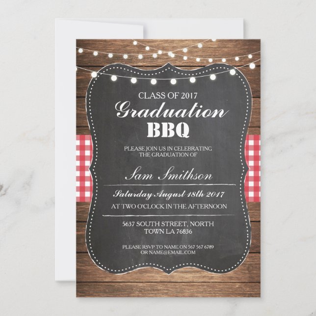 Graduation BBQ Rustic Chalk Wood Lights Invite (Front)