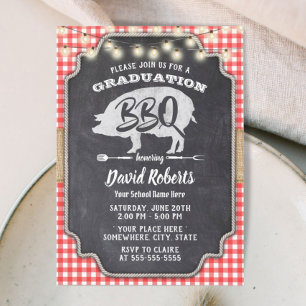 Graduation BBQ Rustic Chalkboard Red Gingham Invitation