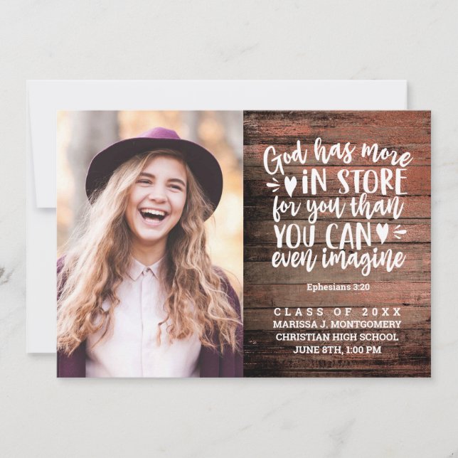 Graduation Bible Verse Photo Rustic Wood Script Announcement (Front)