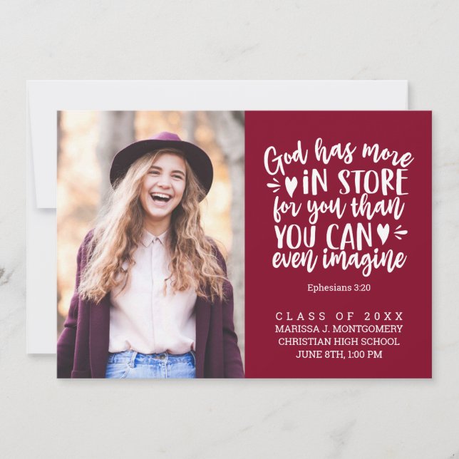Graduation Bible Verse Photo White Script Maroon Announcement (Front)