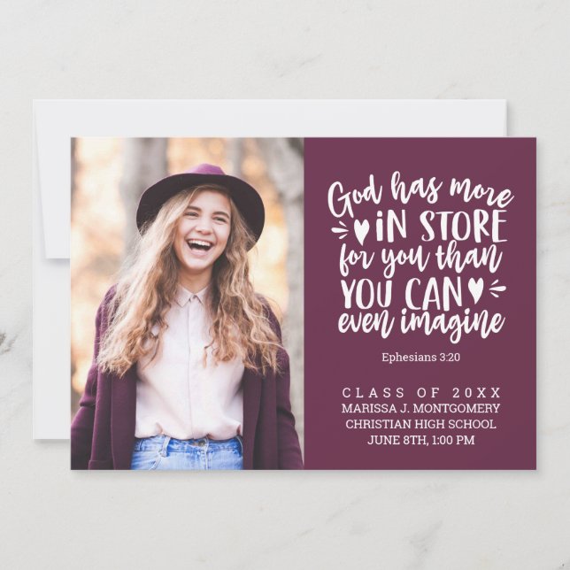 Graduation Bible Verse Photo White Script Purple Announcement (Front)