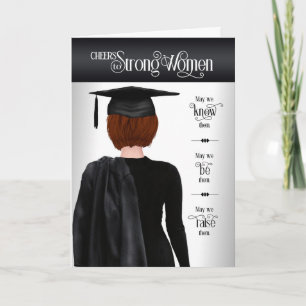 Graduation Black Cap and Gown Short Red Hair Card