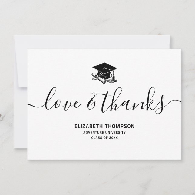 Graduation Black Cap Love & Thanks Modern Script Thank You Card (Front)