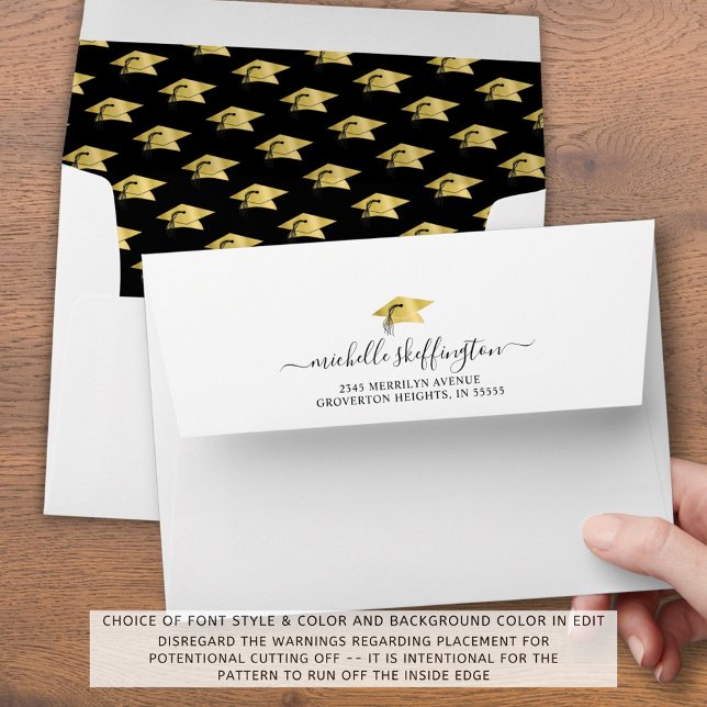 Graduation Black Gold Cap Pattern Return Address Envelope (Creator Uploaded)