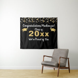 Graduation Black Gold Confetti Class Year Backdrop Tapestry